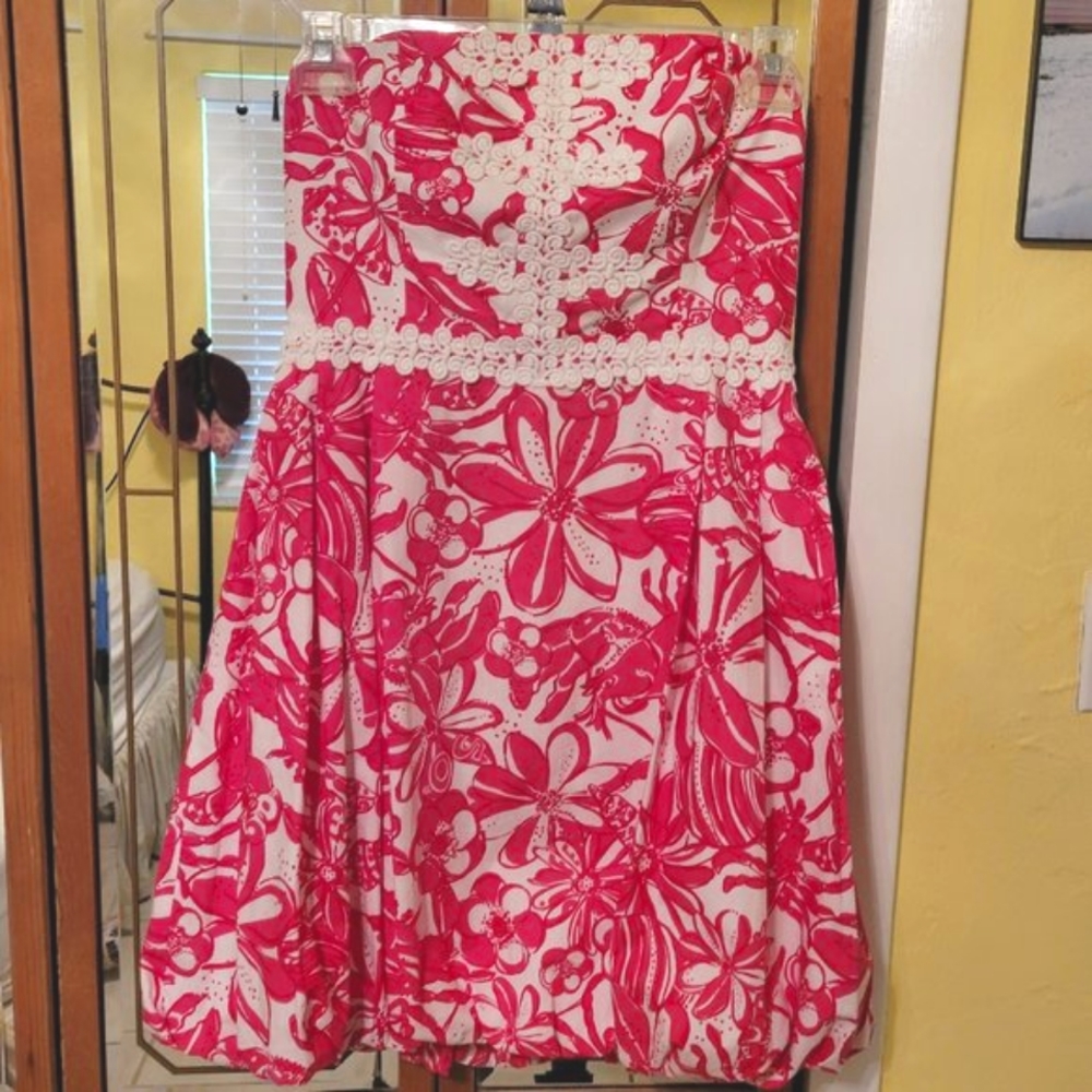 Lilly Pulitzer lobster print Jubilee size 10 strapless dress bubble hem